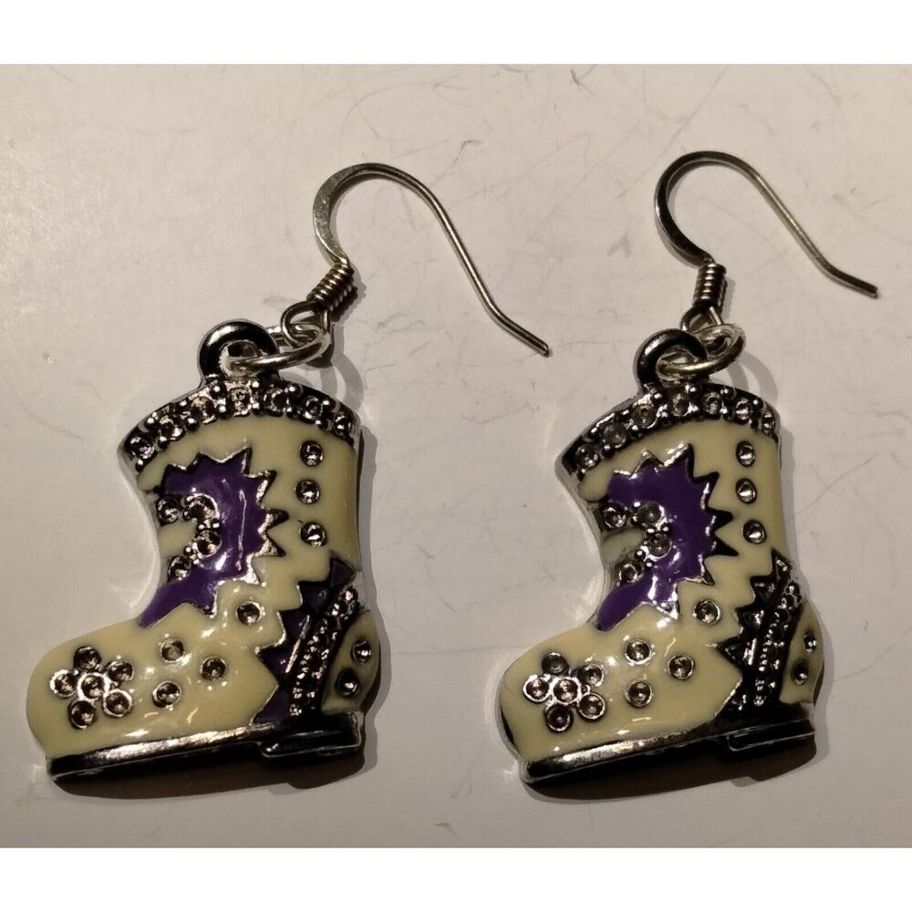 Ski Boot Earrings Silver Purple Dangle Drop Hook Silver Vintage Enamel Nordic